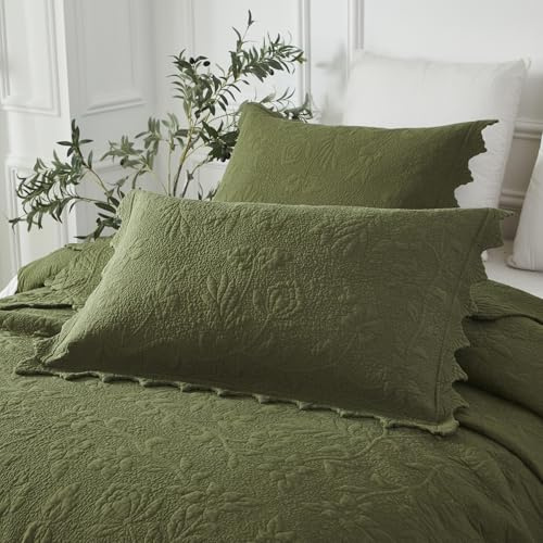 Brandream Quilted Pillow Shams Cotton Set of 2 Olive Green Standard Size Shabby Vintage Farmhouse Decorative Pillow Covers Full Queen Size