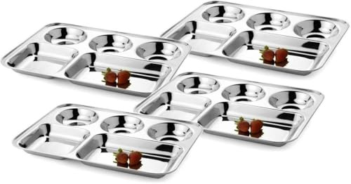 Indian Bhojan Thali/Piatto piano in acciaio inox con 5 scomparti per ostello, hotel, Gurudwara, fabbrica, aziendale/set di 4 piatti per uso domestico e commerciale