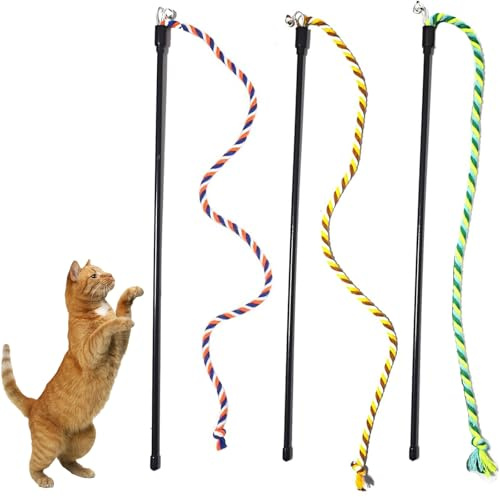 KABASI 3PCS Cat String Wand Toys, Interactive Cats Teaser Wand with Bell | Colorful Plush Srtip Teaser Toy Cat Rope Stick for Indoor Kitten Having Fun Exerciser Playing
