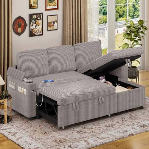 Jooli H Corner Sofa Bed, 3-in-1 Convertible Sleeper Sofa Couch with 6 Adjustable Backrest, Storage Armrest and USB Charge, 3 Seater Corduroy Pull Out L Shaped Sofa Bed for Living Room, Bedroom, Cream