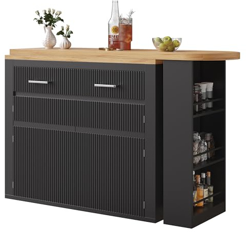 Ausziehbarer Bartisch mit Stauraum(137-215×39×102.3cm) , Moderner Beweglicher Bar Table, Teleskopischer Bartisch mit einer Schublade und zwei Regalen, Hochtisch Kücheninsel Bistro Table(schwarz)