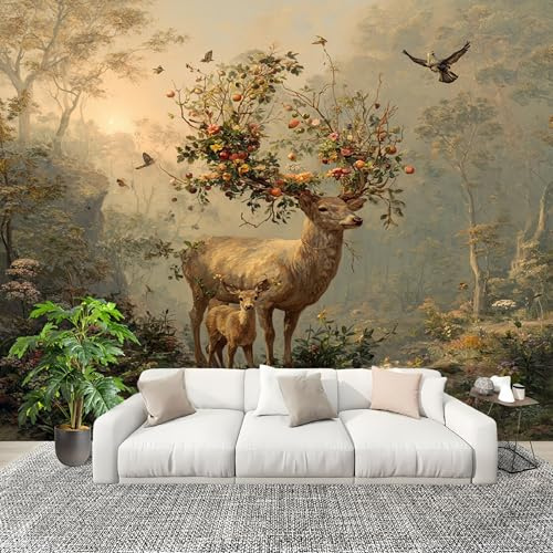 Générique 3D Panoramique papier peint Photo Fantaisie ForêT Animaux Cerf Papier Peint Intissé Amovible 400x280 cm Vert Clair Décoration Fresque Murale Pour Salon Chambre Enfant Chambre
