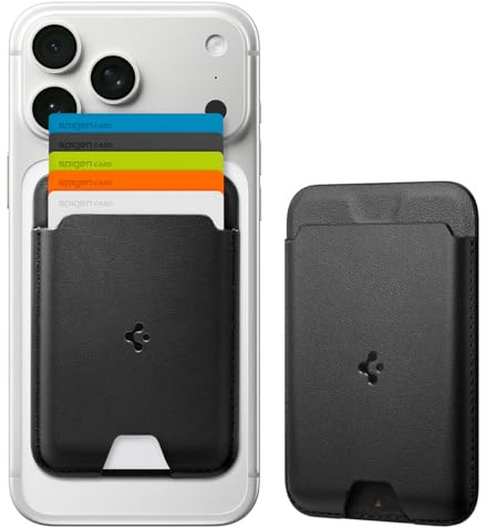 Spigen Valentinus MagFit 5-Karten Wallet für MagSafe & Pixelsnap | Premium Kartenetui aus veganem Leder mit einfachem Kartenzugriff und sicherer magnetischer Befestigung - Schwarz