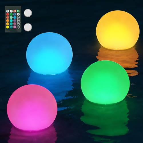 Mineup 4 Stück Schwimmende Poolbeleuchtung, Pool Lichter schwimmend, Teichbeleuchtung mit Fernbedienung, 16 RGB Farbwechsel Pool Nacht Licht, Wasserdichte LED Poollicht für Garten, Teich, Party