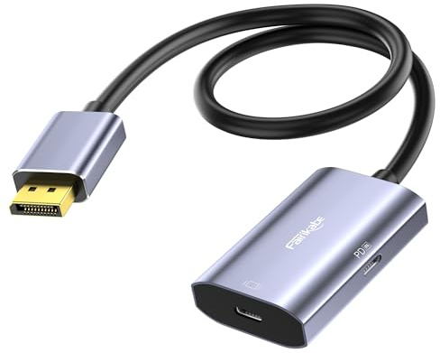fairikabe Adaptador de DisplayPort a USB-C (8K a 30 Hz, 4K a 144 Hz), convertidor de DP 1.4 a Monitor USB-C con Carga PD de 65 W, Plug & Play para PC, portátil, GPU y Monitor portátil