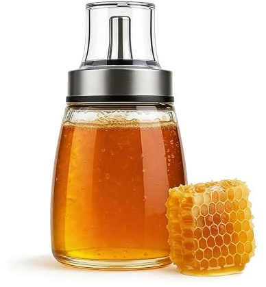 Hynorian Honigspender Glas 180 ml Tropffrei Honigspender mit Edelstahl Ausgießer Sirup Spender Honigglas Süßstoffspender mit Deckel für Frühstückstisch Küche Kaffee Bar Buffet