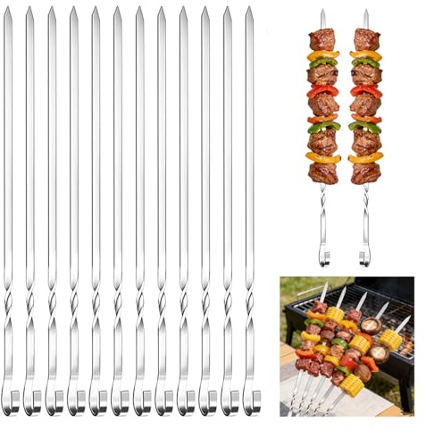 12 PCS BBQ Flat Metal Skewers, Reusable Stainless Steel Kebab for Meat Shrimp Vegetable, 30cm Grilling Sticks with Nonslip Ring Handle for Barbecue Party