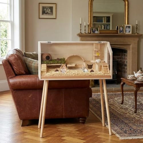 Hamsterkäfig Holz Groß - 2 Etagen Nagerkäfig Mit Sichtfenster & Tiefstreu-Bereich, Artgerechtes Hamstergehege Kleintierkäfig Nagarium Für Zwerghamster, Goldhamster & Mäuse, 80x40x100 cm