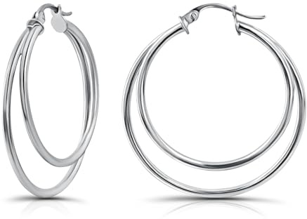 Hoops & Loops 925 Sterling Silver Double Circle Hoop Earrings for Women - 30mm Layered Stacked Circle Round-Tube Click-Top Hoops, Two-Tone 14K Yellow Gold, Rose Gold Flash Plated, Black
