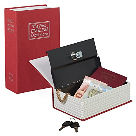 Relaxdays Faux livre coffre fort comme livre de poche fermable à clé caisse à monnaie HxlxP: 18 x 11,5 x 5,5 cm, rouge