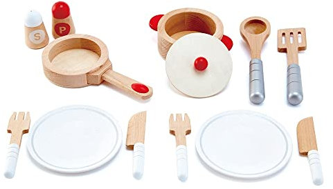 Hape Koch- & Servierset von Hape| 13-teiliges Kochset für Rollen- und Fantasiespiele mit Zubehör aus Holz