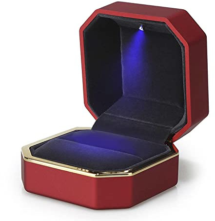 AVESON Luxury Ring Box, Square Velvet Wedding Ring Case Jewelry Gift Box with LED Light for Proposal Engagement Wedding, Red