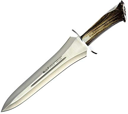 Muela Cuchillo URSUS-25S hoja de acero ACX-380 de 25 cm y empuñadura de roseta de ciervo para Caza, Pesca, Supervivencia y Bushcraft Realizado en Ciudad Real + Portabotellas de regalo