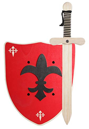 GERILEO Ritter Schwert und Schild aus Holz, Handgefertigtes - Spielzeug für Jungen, Mädchen, Kinder - Ergänzung für Spiele, Imitationsspiele, Kostüme, Mittelalter, Krieger, Mottoparty (Rot Schild XL)