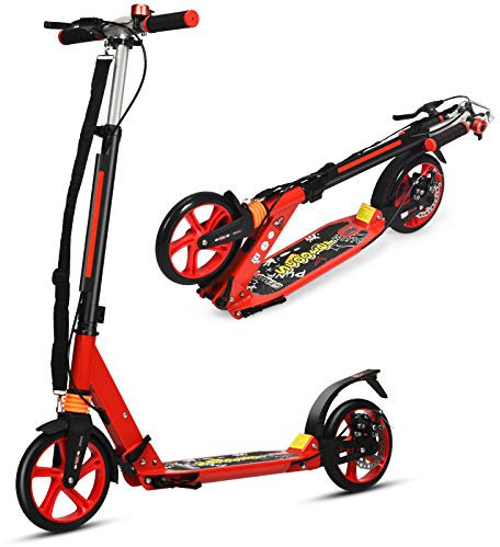 GOPLUS Kickscooter für Kinder und Erwachsene, Höhenverstellbarer Cityroller, Klappbarer Tretroller, mit Federung, bis 100 kg Belastbar, mit Klingel & Ständer, mit Bremse, PU-Räder (Rot)