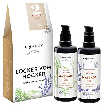 AllgäuQuelle® BIO Massageöl Set LOCKER VOM HOCKER | Geschenkset mit 2 x 100 ml natürliches Bio Massageöl pflegt den ganzen Körper mit Sesam, Jojoba, Avocado und Shea + naturreine ätherische Öle