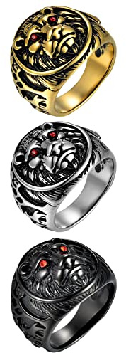 JewelryWe Schmuck Retro Herren-Ring Edelstahl Löwe Schild König Krone Biker Ring Siegelring Band Bandring mit Gravur Gold Silber Größe 54 bis 70