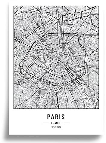 Affisch stadskarta A3 svart vit, papper 250 g. Bild för vardagsrum och sovrum, många stadsmönster, minimalistisk affisch, perfekt presentidé, utan ram, Paris