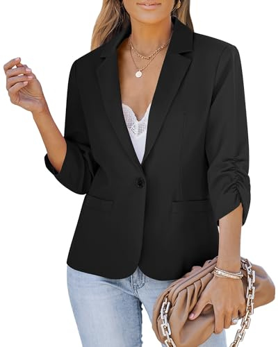 LookbookStore Blazers for Women Business Casual 3/4 Sleeve Fitted Suit Jackets Cropped Crop Sleeve Dressy Black Blazer Size Medium Size 8 10