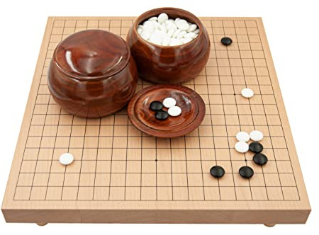 Hebsacker Verlag - Go-Set Buchenfurnier-Tischbrett (19x19, 36mm mit Füßen) mit Yunzi-Steinen und Holzdosen