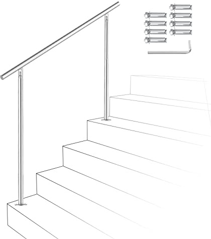 Ikodm Corrimano in acciaio inox, ringhiera per scale, 120 cm, senza barre trasversali, con accessori, per scale, interni, balcone, ingresso di casa