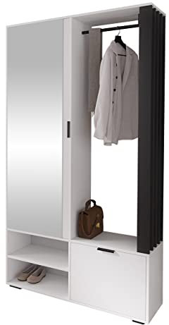 Mirjan24 Garderoben-Set Raldento mit Spiegel, Kleiderstange, Schuhschrank und Fächer, Wandgarderobe, Flurgarderobe, Kompaktgarderobe (Weiß/Weiß + Schwarz)