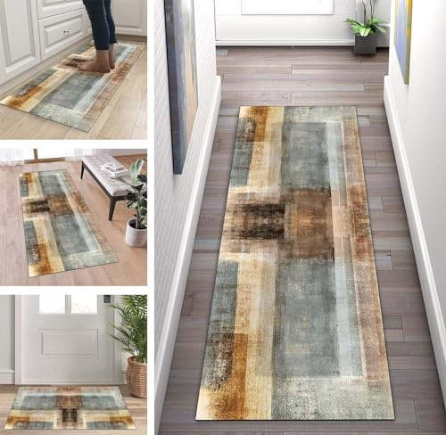 ZUZEKU Küchenläufer Waschbar rutschfest Braun Grau 60x300cm Flurläufer Korridor Teppichläufer Küchenteppich Schlafzimmer Esszimmer Polyester Meterware Anpassbar