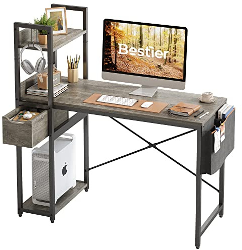 Bestier Computer Desk with Storage Shelves 120CM Corner Desk with Drawer Reversible Computer Desk Writing Table with Side Pocket Storage Bag and Headphone Hook for Home Office Small Space