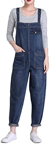 Jamron Donna Taglie Forti Salopette in Denim Stretch Lungo Overall Tuta Intera Jumpsuit Pantaloni Jeans con Pettorina (XS-5XL)
