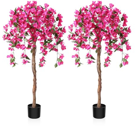 Fopamtri Kunstpflanze Kunstbaum mit Blüten 120 cm Künstliche Pflanzen im Topf Groß Rosa Fake Pflanzen für Indoor Outdoor Schlafzimmer Büro Garten Dekoration (2 Stück) | Künstliche Pflanzen Groß Rosa Fake Pflanzen für Indoor Outdoor Schlafzimmer Büro Garten Dekoration