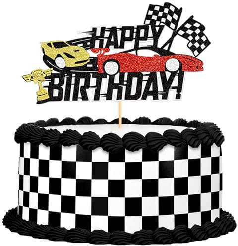 UXYOKM Race Car Happy Birthday Cake Topper Race Car Cake Decorations for Racing Car Checkered Flag Glitter Race Car Cake Topper Birthday Theme Party Supplies Cake Decor