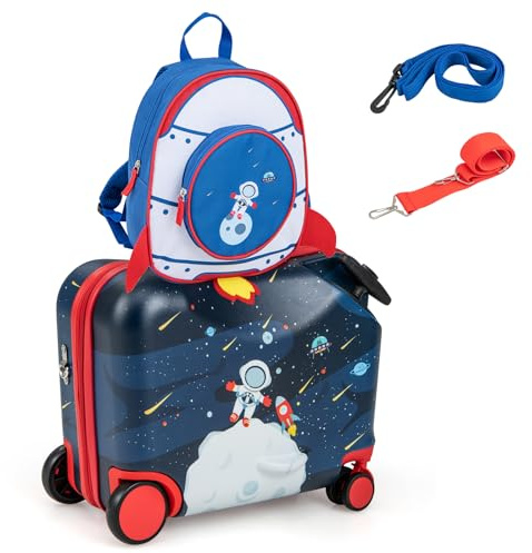 GOPLUS Kinderkoffer mit Rucksack, Kids Trolley, Kindergepäck mit Rollen, Reisekoffer mit Teleskopgriff, Hartschalenkoffer für Kinder, Kindertrolley Farbwahl (Dunkelblau-Astronaut, 12+18)