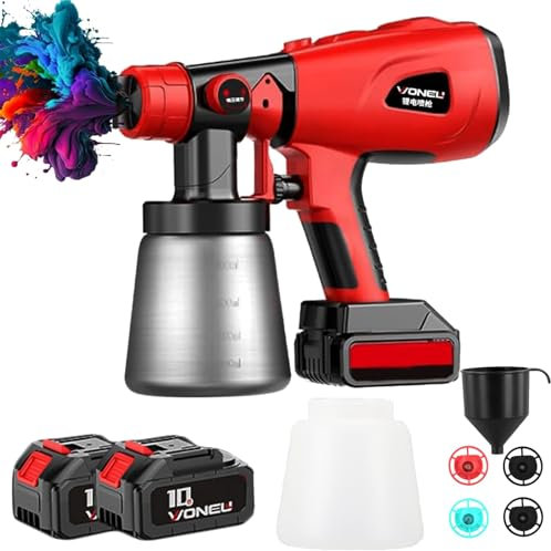 Akku Farbsprühsystem 850W Elektro Lackierpistole 1600ml Großer Behälter Farbsprühgerät Farbspritzpistole Elektrisch mit 4 Düsen, 3 Muster und Filter für Zaun, Möbel, Wände Decken(2x3000mAh Akku)