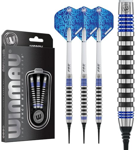 WINMAU Darts Advance 500 Serie Blau 20g Barrel / 22g Vollgewicht Professionelles Wolfram Softip Dart Set mit Flights und Schäften (Schäfte)