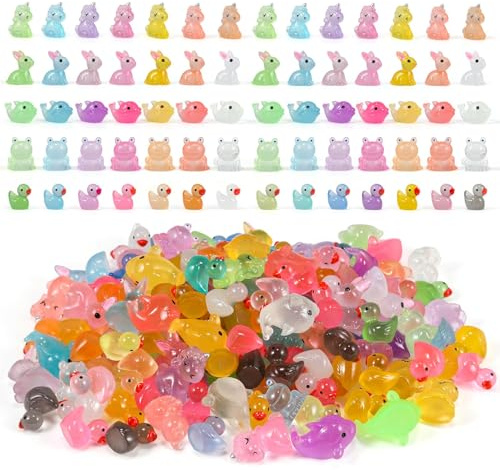146 stück mini Enten， glühen Kunstharz-Enten,5-teiliges Kombi-Set，Ente，Delphin，Frosch，Kaninchen，Einhorn，kleine Ente im Dunkeln für Aquarium Puppenhaus Miniaturgarten Handwerk Deko DIY Haus Dekoration