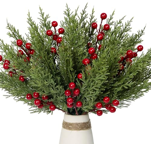30Pcs Artificial Pine Branches with Red Berry Stems Assorted Faux Cedar Leaves Sprigs Holly Berries Twigs Christmas Tree Picks Greenery Sprays for DIY Craft Wreath Garland Holiday Season Décor (Green)
