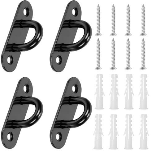Swpeet Lot de 4 crochets ovales M5 en acier inoxydable 304 noir avec vis et ancrages en plastique, crochets de quincaillerie marine, crochets de plafond en U pour sécuriser la suspension