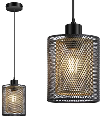 Pendelleuchte Esstisch Hängelampe mit Doppel Schwarz/Gold Eisen Lampenschirm, Höhenverstellbar Hängeleuchte mit E27 Lampenfassung, Vintage Deckenlampe hängend Pendellampe für Wohnzimmer,Küche,Bar,Flur | 2-lagige Hängelampe aus Eisengitter, verstellbare Bauernhaus-Deckenleuchte für Esszimmer, Flur, Eingangsbereich, Kronleuchter
