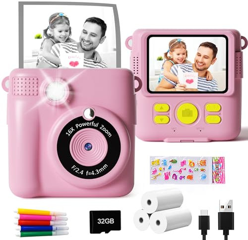 GKTZ Macchina Fotografica Bambini Istantanea - 1080P HD Digitale Fotocamera Stampa (Rosa)