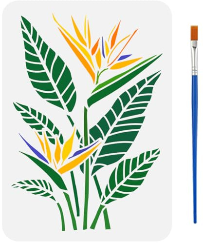 FINGERINSPIRE Stencil a forma di fiore con uccello del paradiso, con 1 pennello in plastica, 21 x 29,7 cm, riutilizzabile, motivo floreale, foglie, stencil per pittura su legno, mobili da parete
