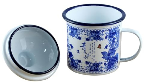 GRIRIW Emaille-Tasse Mit Deckel Wiederverwendbarer Emaille-Becher Für Camping Picknick Büro Und Zuhause Mit Griff Blau-Weißes Porzellan 5.31 X 3.54 X 3.54 in