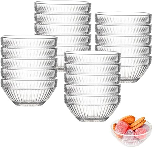 VIQIHEOE Dippskålar, 75 mm miniglasskålar, 20 stycken runda glasskålar, små syltskålar, återanvändbara snackskålar, stapelbara dippskålar, för köksingredienser, tapas, buffé