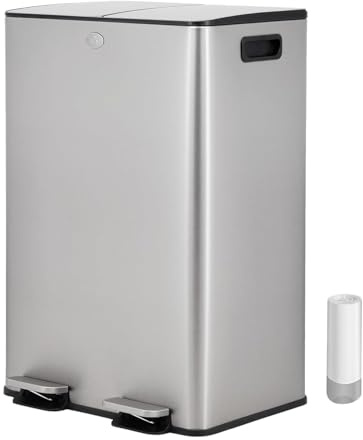 Vidacharmy -Recycling Bin, Double Bin, Anti-Fingerprint Stainless Steel, with Soft-Close Lid and Pedal, Includes 20 Bin Bags, Separate Compartments for Recycling and Trash (2x20L)