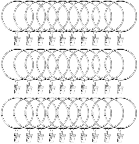 30 anelli per tende in metallo con 30 clip, 50 mm in metallo + clip in acciaio inox, set completo per tenda da doccia, tende, aste per tende (argento)