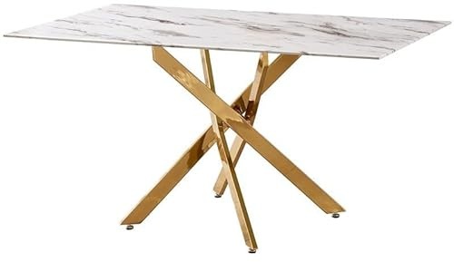 Mesa de Comedor de Cristal y marmol Artificial y Patas de Metal en Dorado Blanco y Negro 76x150x90 cm
