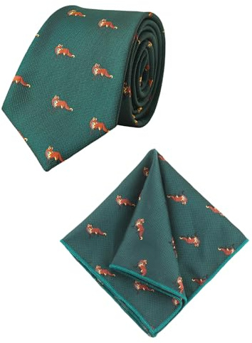 WANYING Corbata verde de 8 cm con pañuelo de bolsillo para hombre, tejido jacquard, estándar, corbata, corbata, negocios, informal, formal, boda, fiesta, retro, con patrón de zorro