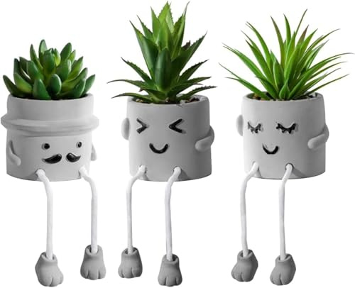 Jun-Saxifragelec Artificialplant Suculentas en macetas de cemento con pierna colgante, decoración de estante de cocina, decoración de baño, decoración de estantería, decoración de pared de oficina