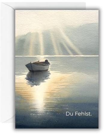 WBdesignz Tarjeta de condolencia Du Fehlst. con sobre blanco – Tarjeta de condolencia con diseño de barco, lago y rayos de luz, elegante tarjeta de condolencia para condolencia, despedida y consuelo