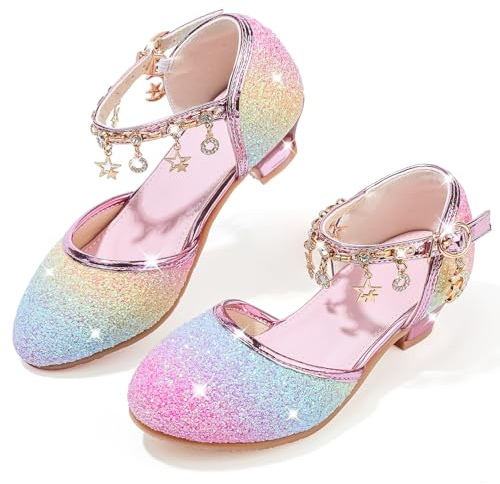 LECYGNB Chaussure Princesse Fille Paillettes Déguisement Talon Haut Cosplay Mariage Noël Anniversaire Cérémonie Fête Danseuses Ballerines Sandale Crystal Bling Rose dégradé EU 30