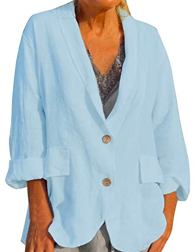 Generisk dam linne blazer sommar lätt, lång blazer sportig elegant, kavaj vår sommarblazer långärmad kavaj med knappar affärsblazer med fickor linneblazer ledig sweatblazer
